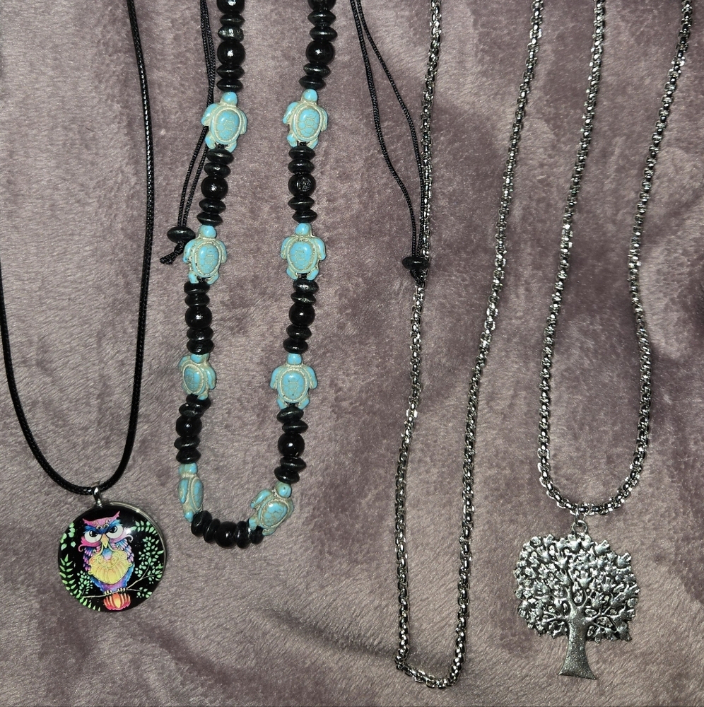 4 Necklaces For $5. Owl, Turtle, Chain, Tree Necklace.